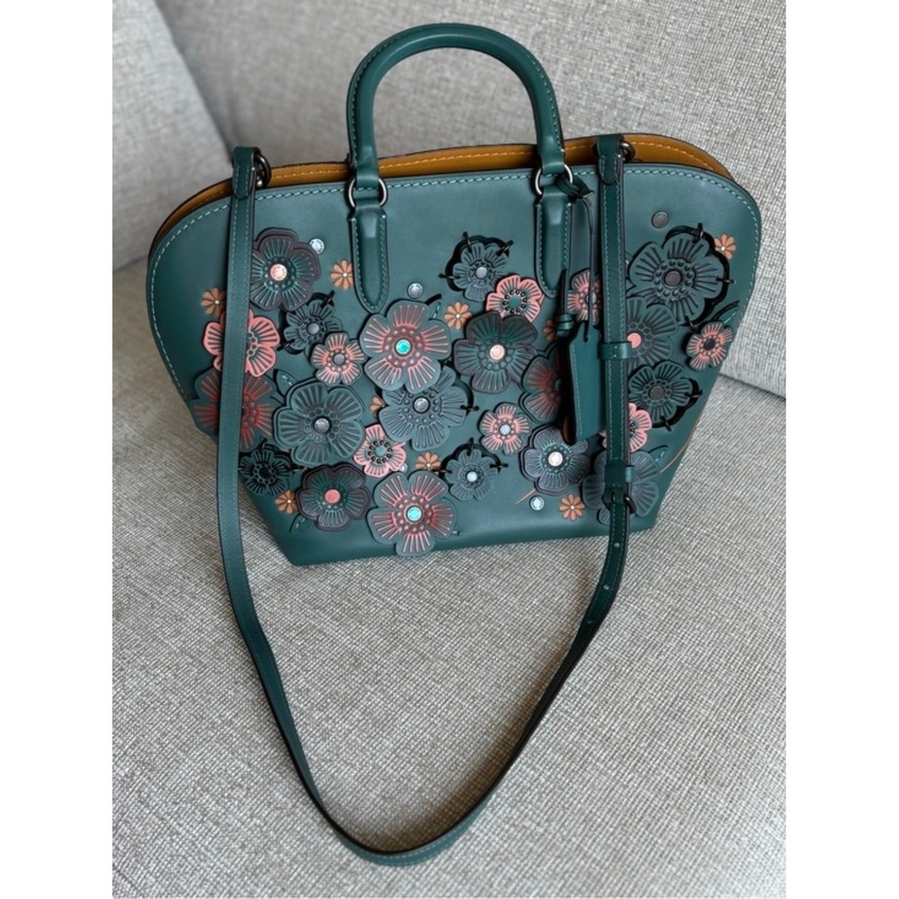 Coach 1941 Rogue 31 Tea Rose Applique Green Leather Satchel Shoulder Bag 58124 - Picture 3 of 5